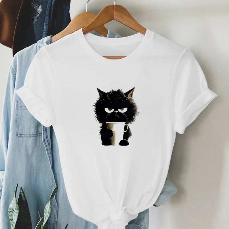 2024 Ladies Spring/Summer New 3d Cartoon Print Cute cat Short-sleeved Casual Crew Neck Top Fashion Loose Fun Clothing