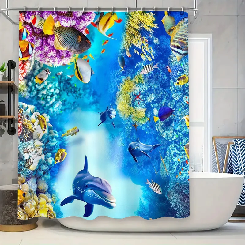 

Занавеска для душа «Подводный мир»: дельфины, красочные рыбы и коралловые рифы, принт высокой четкости, освежающий яркий декор для ванной комнаты
