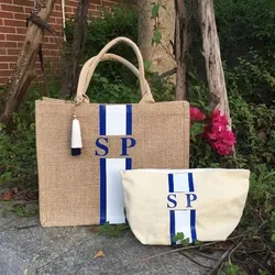 Custom striped monogrammed beach tote bag, personalize name monogram Initials burlap tote mom basket bags pouches shopping jutes