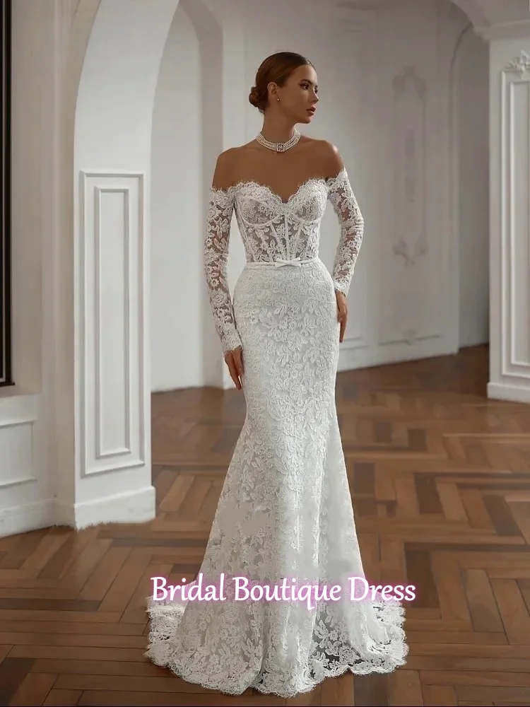 

Beaded Lace Mermaid Long Wedding Dress Graceful Off Shoulder Bridal Gown Customized Exquisite Shiny Dresses For Bride