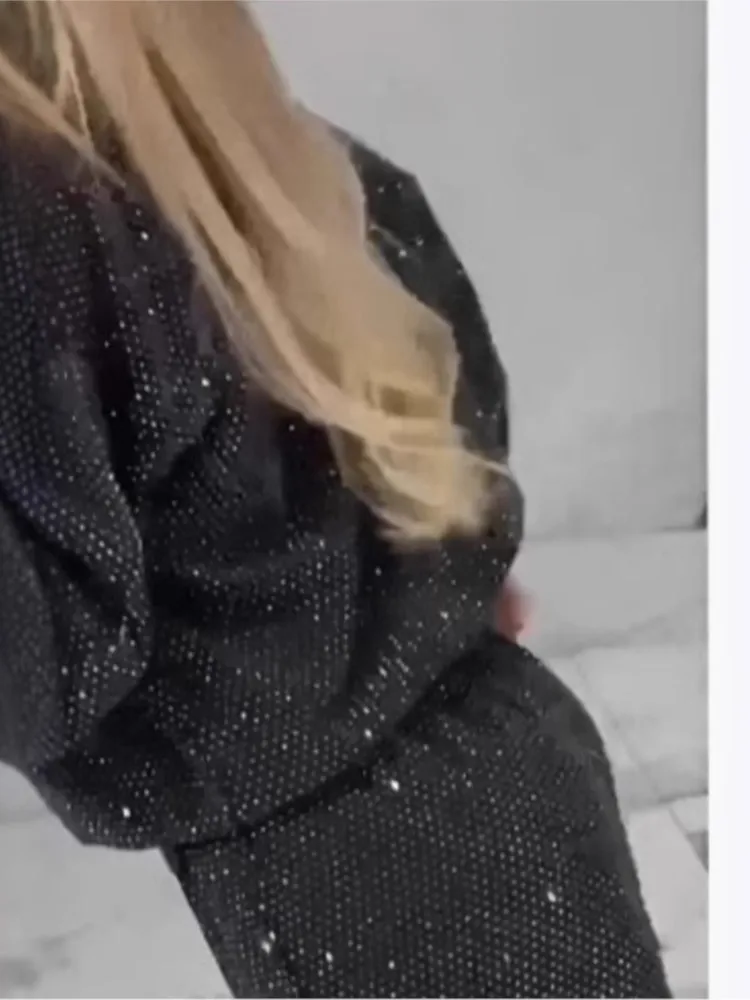 سيدة الموضة الترتر مجموعة طويلة الأكمام س الرقبة القمم عالية الخصر بنطال ذو قصة أرجل واسعة 2 قطعة مجموعات للنساء عطلة شارع العليا الملابس #3