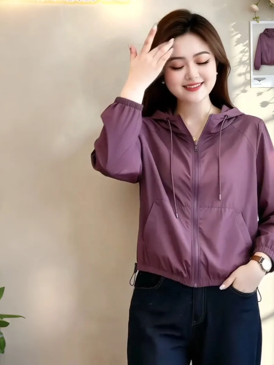 Lightweight Hooded Jacket Summer Loose Slimming Purple Casual Ins Sun Protection Top Breathable Long Sleeve Zipper Closure