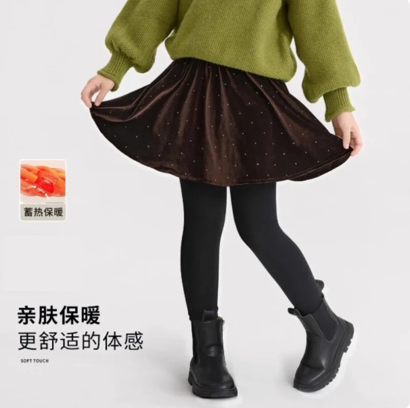 Winter Kids Girls Leggings Fleece - Lined Leggings + Half - Skirt Panel Fake Two - Piece Set Rhinestone Velvet Leggings Pants