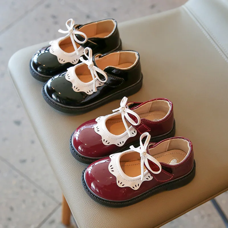 Girl's Princess Shoes Wine Red Black Ruffles Elegant Patent Leather Bowknot Children Flat Shoes 21-35 Toddler Kids Single Shoe