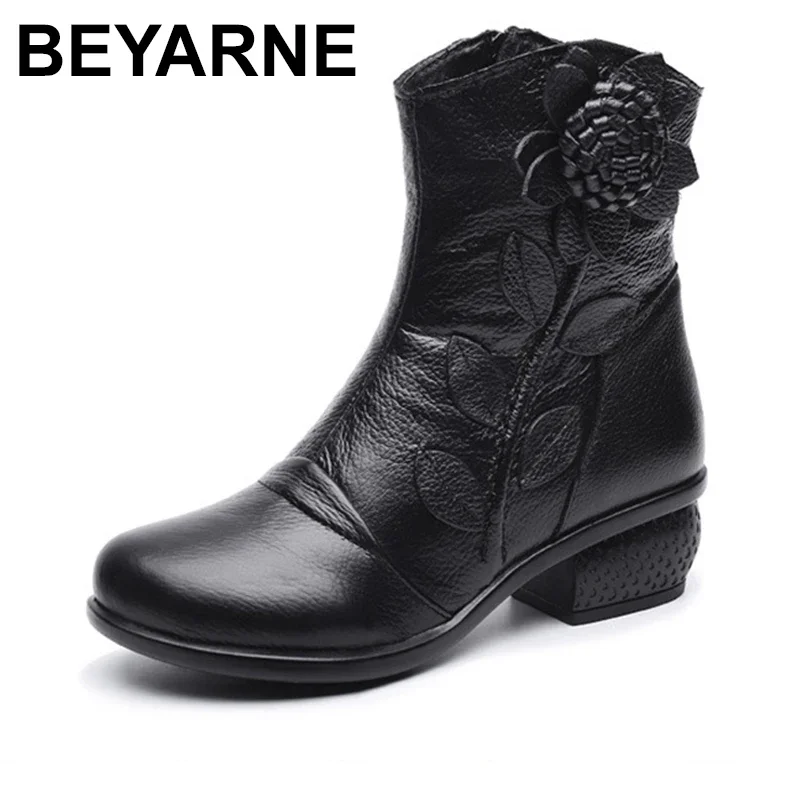 BEYARNE Autumn Winter Retro Boots Handmade Ankle Boots Real Genuine Leather Shoes Botines Mujer Women Shoes Ladies Leather Boots