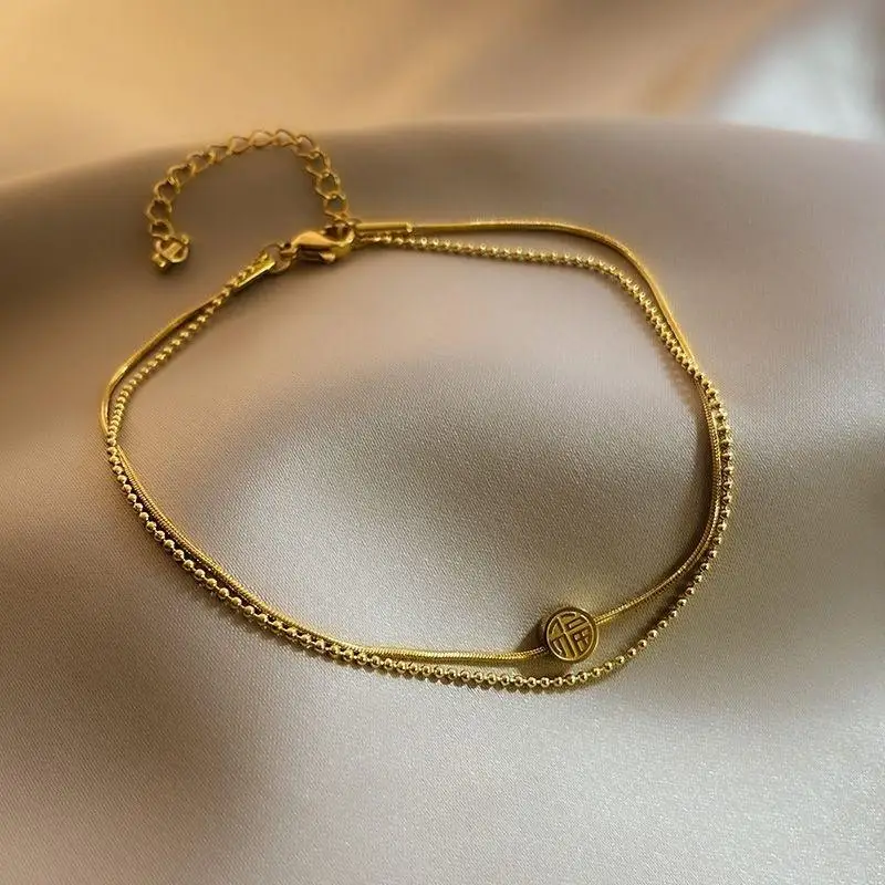 

Fu character double-layer sexy anklet female Korean version of simple Mori foot naked chain personalized titanium steel foot ch