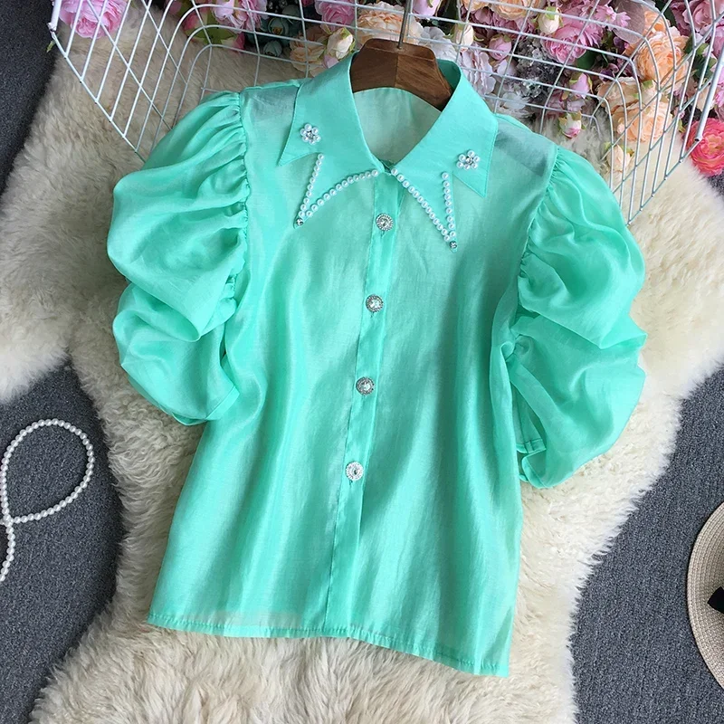 Korean Chic Blouse Turn-down Collar Shirts Women Shirt Beading Tops Female Casual Blouses Puff Sleeve Y2K Blusas Dropshipping