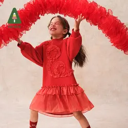 Amila Baby Dress 2024 New Winter Girls New Chinese Style Red Design Stitching Warm Skin-Friendly Plus Velvet Children's Skirt