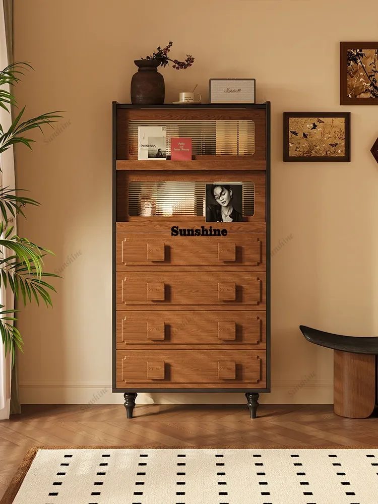 

Medieval style solid wood glass bookcase small apartment locker household living room vertical cabinet FT