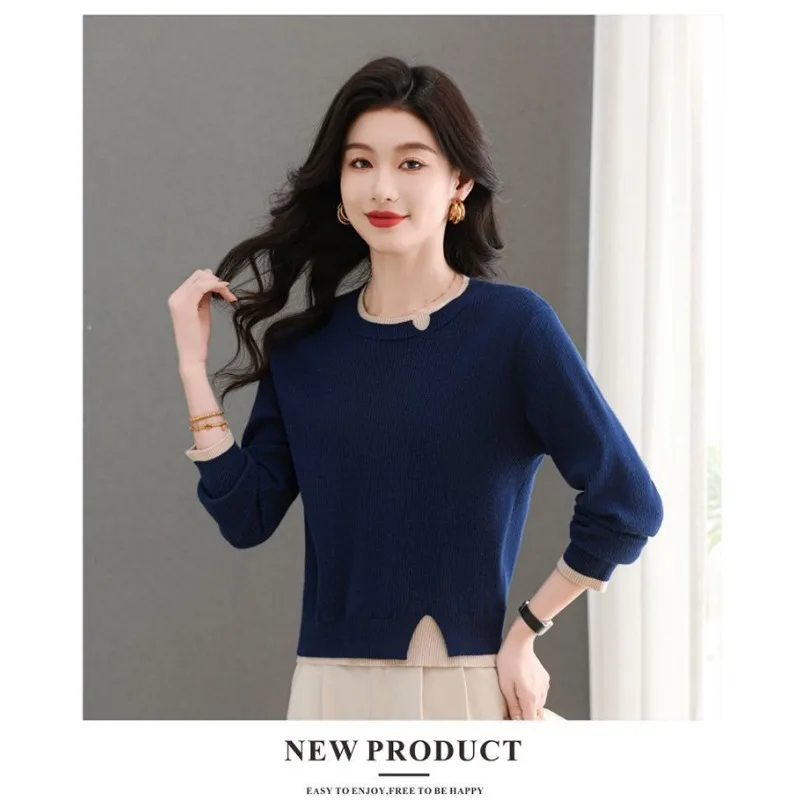 Women Crew Neck Color Block Knit Sweater Irregular Hem Petite Figure Long Sleeve Spring Autumn Inner Top