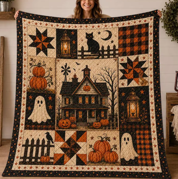 Halloween Haunted House Quilt Blanket, Ghost Pumpkin Throw, Black Cat Fall Farmhouse Sofa, Bedroom Blanket, Home Decoration