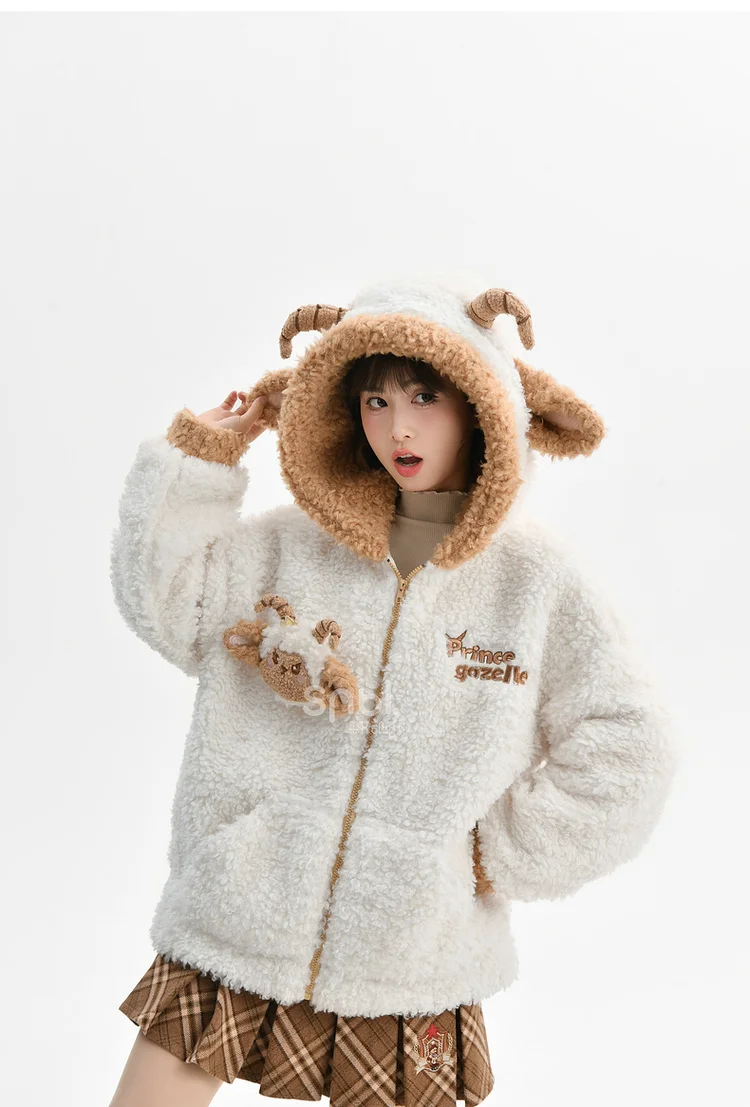 2025 Autumn Winter New Cute and Fun Little Sheep White Loose Comfortable Zipper Long Sleeve Hooded Casual  Plush Sweatshirt