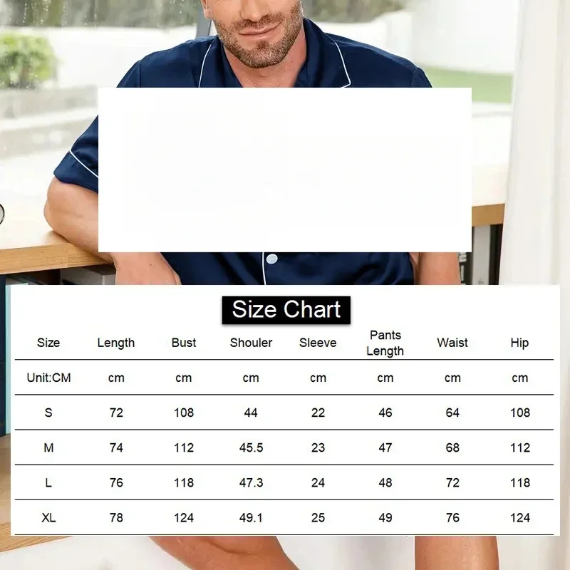 ผู้ชายชุดนอนผ้าซาตินชุดฤดูร้อนชุดนอนสบายๆปุ่มกระเป๋าเสื้อแขนสั้นกางเกงขาสั้นชุดนอนสบายๆผู้ชายชุดนอนสองชิ้น