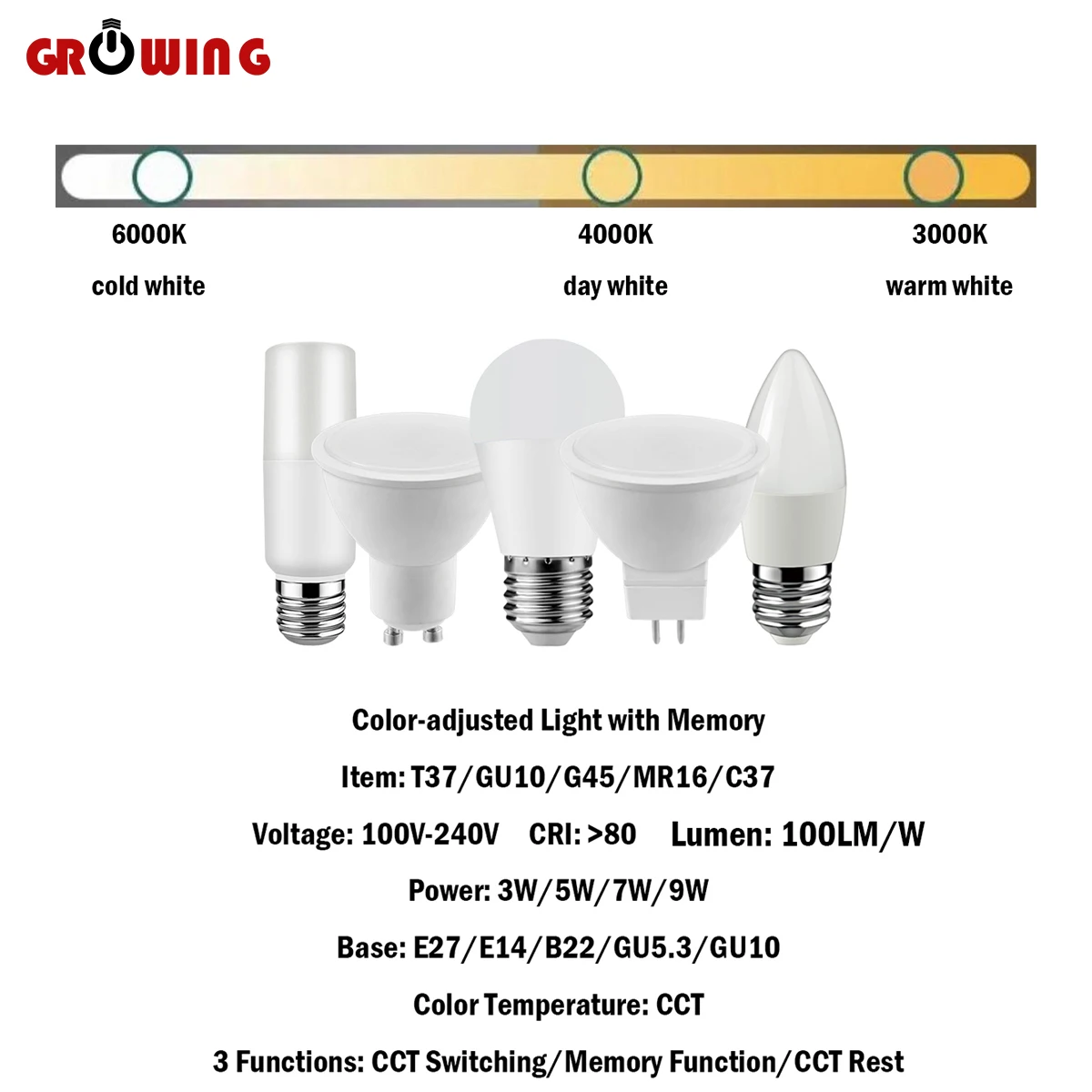 

10 шт., светодиодные лампы GU10/MR16/C37/T37/G45 с памятью 3-9 Вт 100-240 В