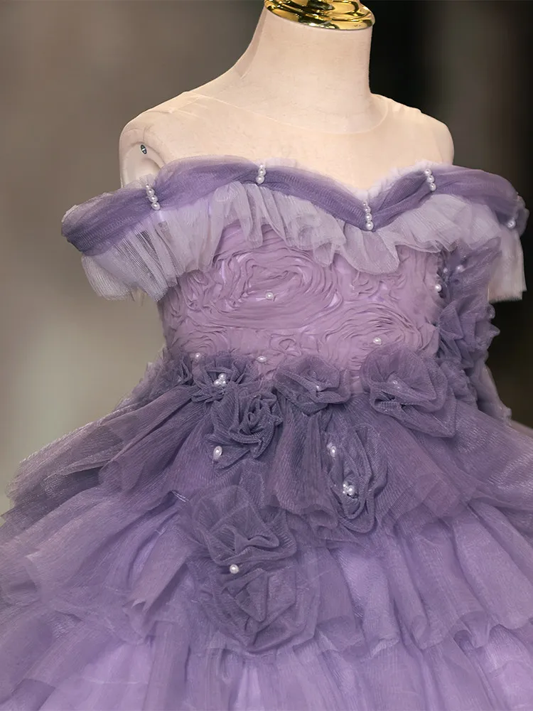 Custom Elegant Lilac Dubai Girl Dress Pearls Tiered Arab Princess Kids Wedding Birthday Party Long Ball Prom Gown فساتين بنات