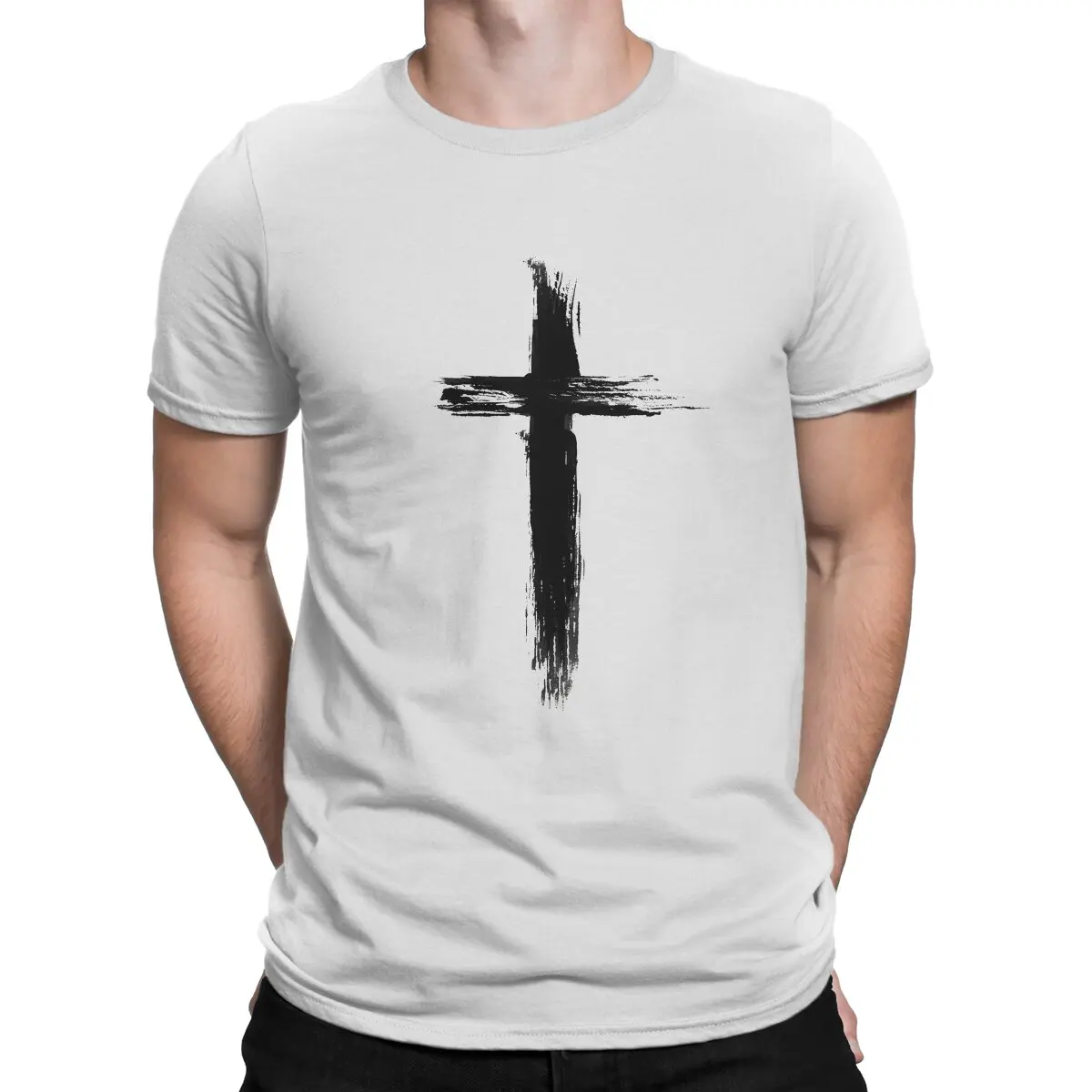 Christian Cross Artistic Lines Men T Shirts Jesus Christ Casual Tee Shirt Short Sleeve O Neck T-Shirt Pure Cotton Summer Clothes