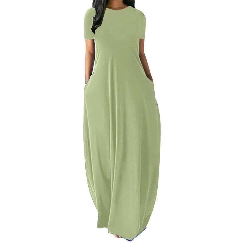 S-5XL Solid Color Oversize O-Neck Pockets Long Dress Casual Short Sleeve High Waist Women Summer Party Daily Travel Maxi Wear