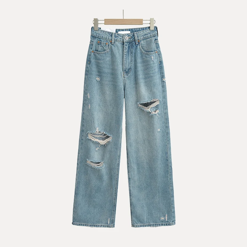 High Waist Torn Loose Wide Leg Jeans Women's Faion Casual Spring 2025 Floor-Length Denim Pants Women's Premium Clothing