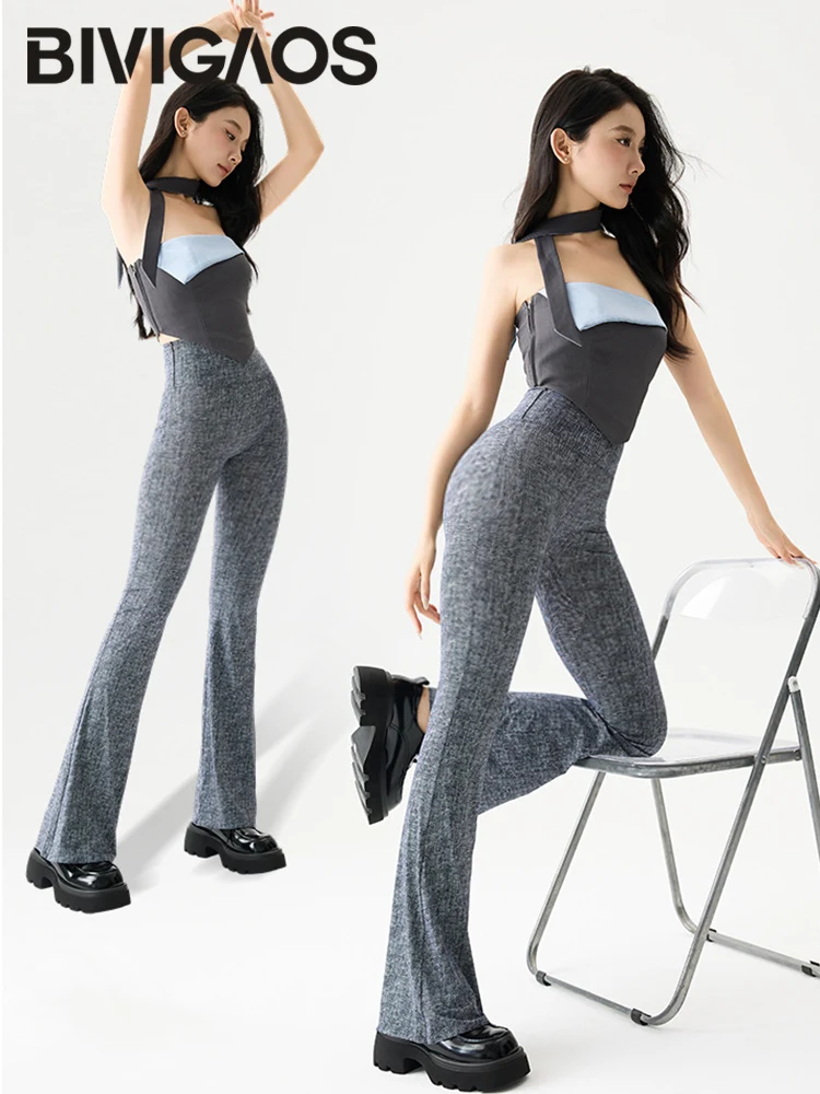 BIVIGAOS Spring Summer Imitation Jeans Sharkskin Flared Leggings Women High Waist Elastic Tight Yoga Sport Fitness Flared Pants