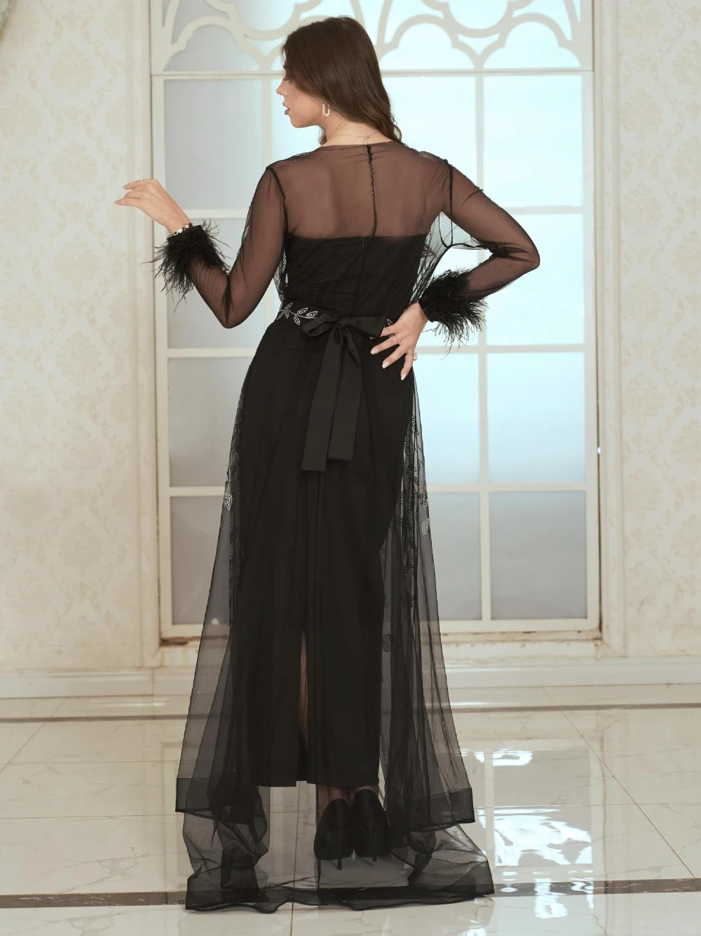 Black Luxurious Kaftan Beaded Evening Dress Two Pieces Feathered Elegant Arabic Women Robe New Arrival Delicate Prom Gown