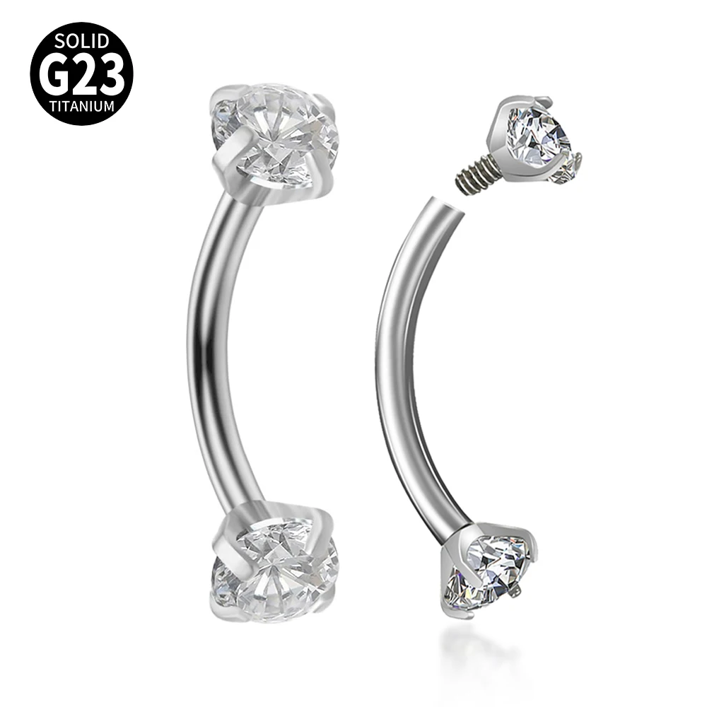 2PCS 16G G23 Titanium Eyebrow Internally Threaded Prong Set 3mm CZ Cartilage Helix Daith Rook Curved Barbell Tragus Body Pierci