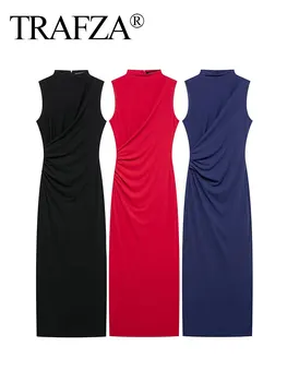 TRAFZA 2025 Women’s Spring Vintage Midi Dress Sleeveless High Neck Solid Color Pleated Embellished Hem Slim Fit Elegant Dresses