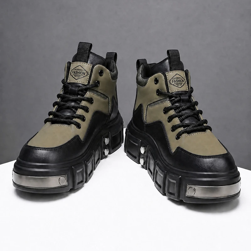 Color Blocking Splicing Thick Soled Combat Men Boots European American Style Height Increasing Trend Outdoor Leisure HikingBoots