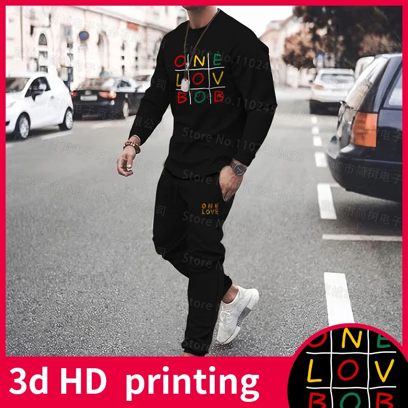 Traje de manga larga con estampado 3D de One Love para hombre, camiseta de pantalones de Bob Marley, chándal informal de calle de moda negra de 2