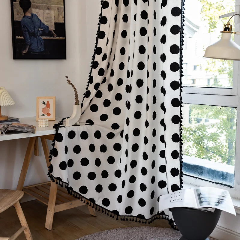 Fashion Black-And-White Polka-Dot Curtain Nordic Semi-Shading Window Screen for Bedroom Living Room Restaurant Tassel Curtains