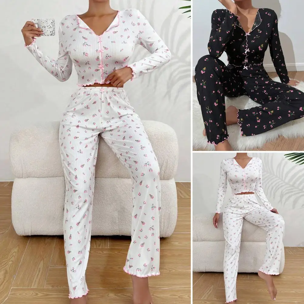 2Pcs/Set Fall Winter Women Pajamas Suit Printing Bow Decor Top High Waist Pants Sleepwear Casual Home Wear Clothes for Sleeping