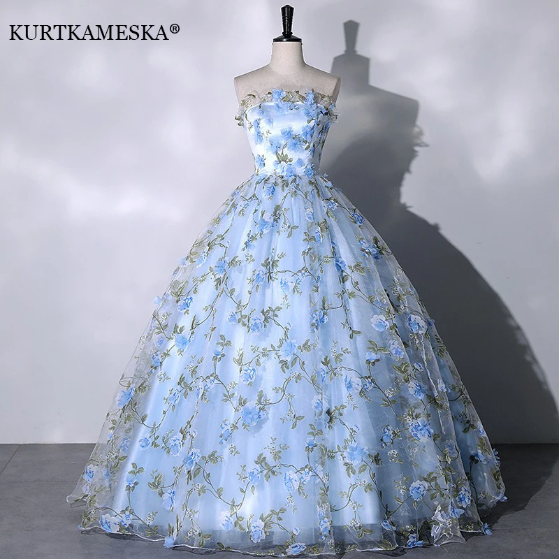 

Luxury Floral Print Long Prom Evening Wedding Shooting Dresses Strapless Blue Party Formal Dress Wedding Dresses For Women