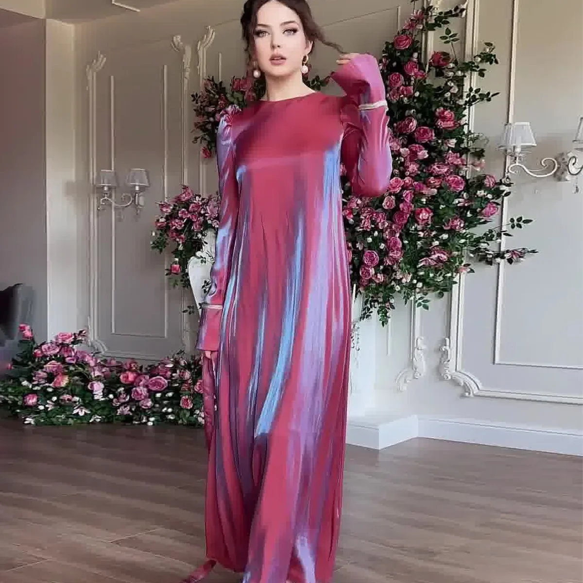 Long Dresses Women Ramadan Fashion Shiny Dubai Muslim Dress Female Autumn Elegant Flare Sleeve Casual Loose Bandage Robe