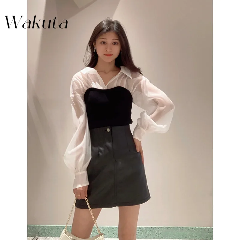 WAKUTA Fashion Japanese Polo Neck Lantern Sleeves Slim Fit Knitwear 2024 Summer New Elegant Slim Fit Folded Panel Tops トップス