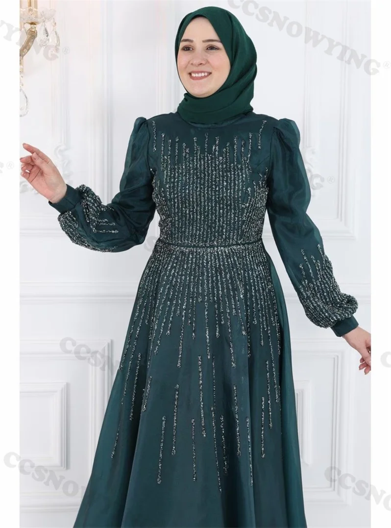 Organza Appliques Beaded Muslim Evening Dresses Long Sleeve Hijab Islamic Women Formal Party Gown Arabic Dubai Robes De Soirée