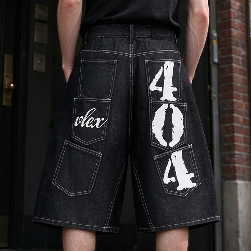 Men's Black Baggy Denim Shorts Wide Leg Loose Fit Graphic Design Pockets Contrast Stitching Casual Summer Streetwear Jorts Jeans