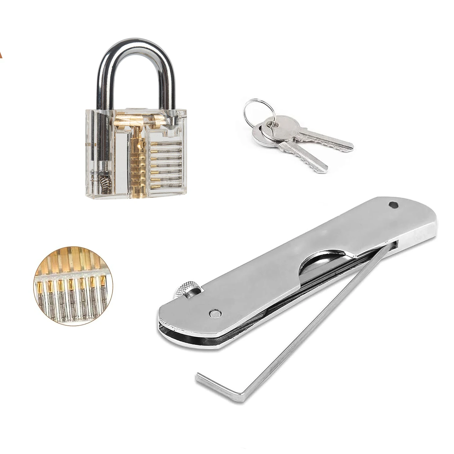 7-in-1 Lock Picking Set with Transparent 2-in-1 Training Lock, Pocket Multitool Folding Lock Pick Set