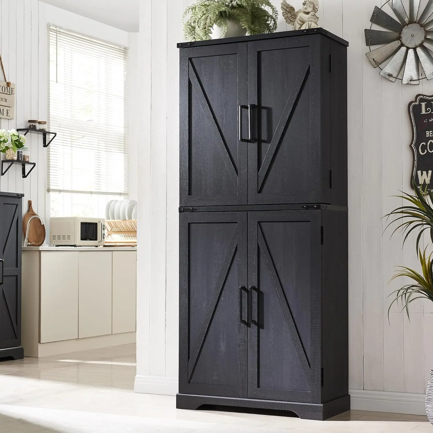 

Tall Kitchen Pantry, Farmhouse Storage Cabinet with Barn Door, Organizer, Drawer and Adjustable Shelves, Rustic Wood Cupboard