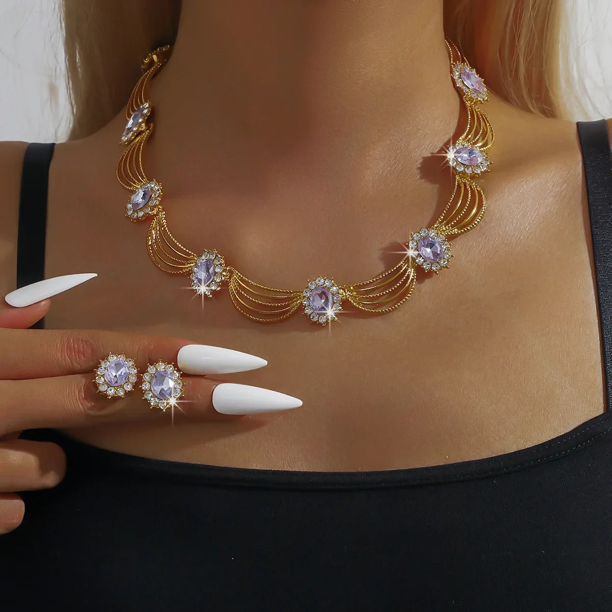럭셔리 빈티지 목걸이 귀걸이 세트 골드 라인스톤 화려한 크리스탈 목걸이 및 귀걸이 세트 여성용 쥬얼리 액세서리