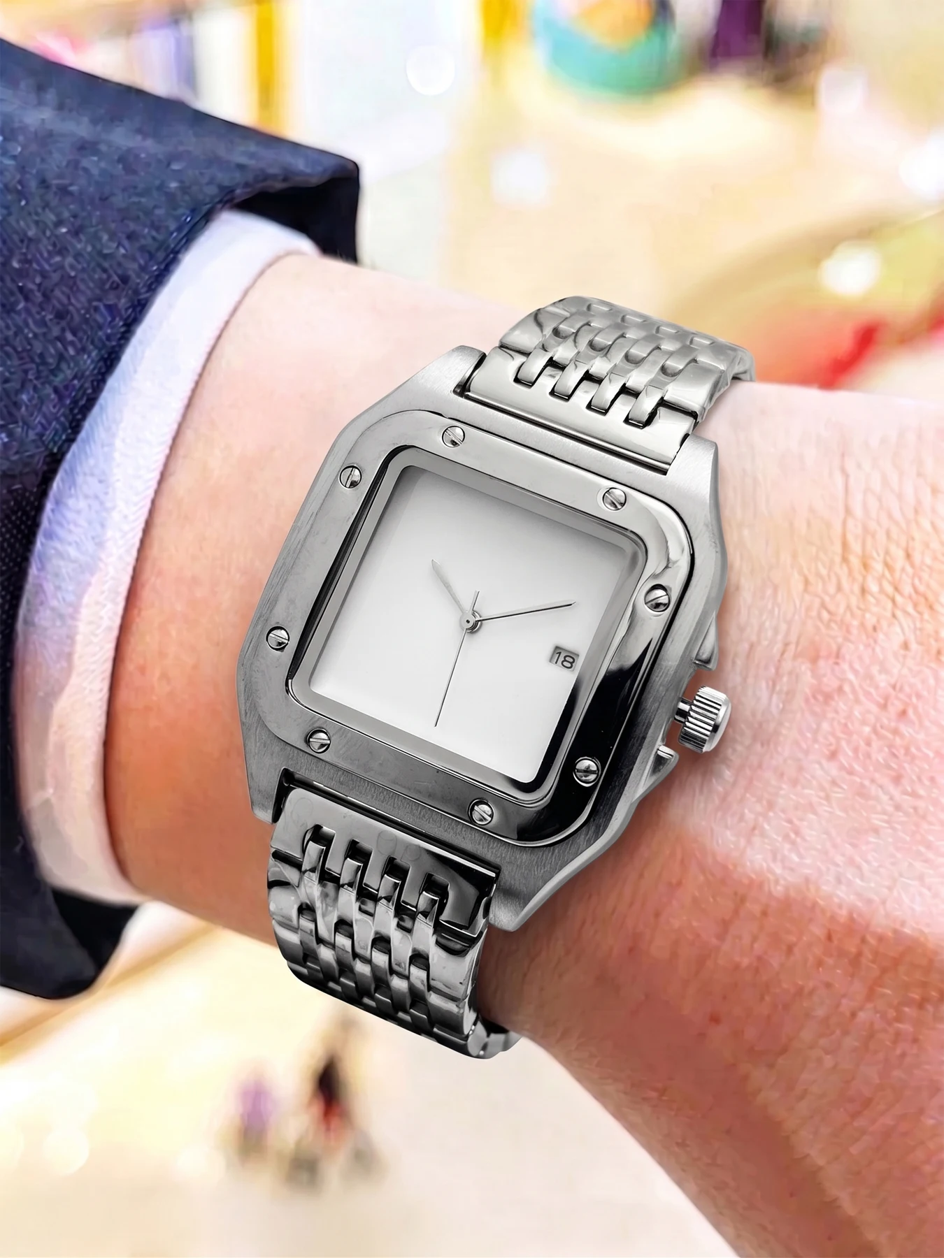 Classic Square Men's Quartz Wristwatch, Replica Stainless Steel Strap, Calendar, Waterproof, Casual Business Versatile Light Luxury Men's Watch, Suitable for Daily Wear, Great Gift