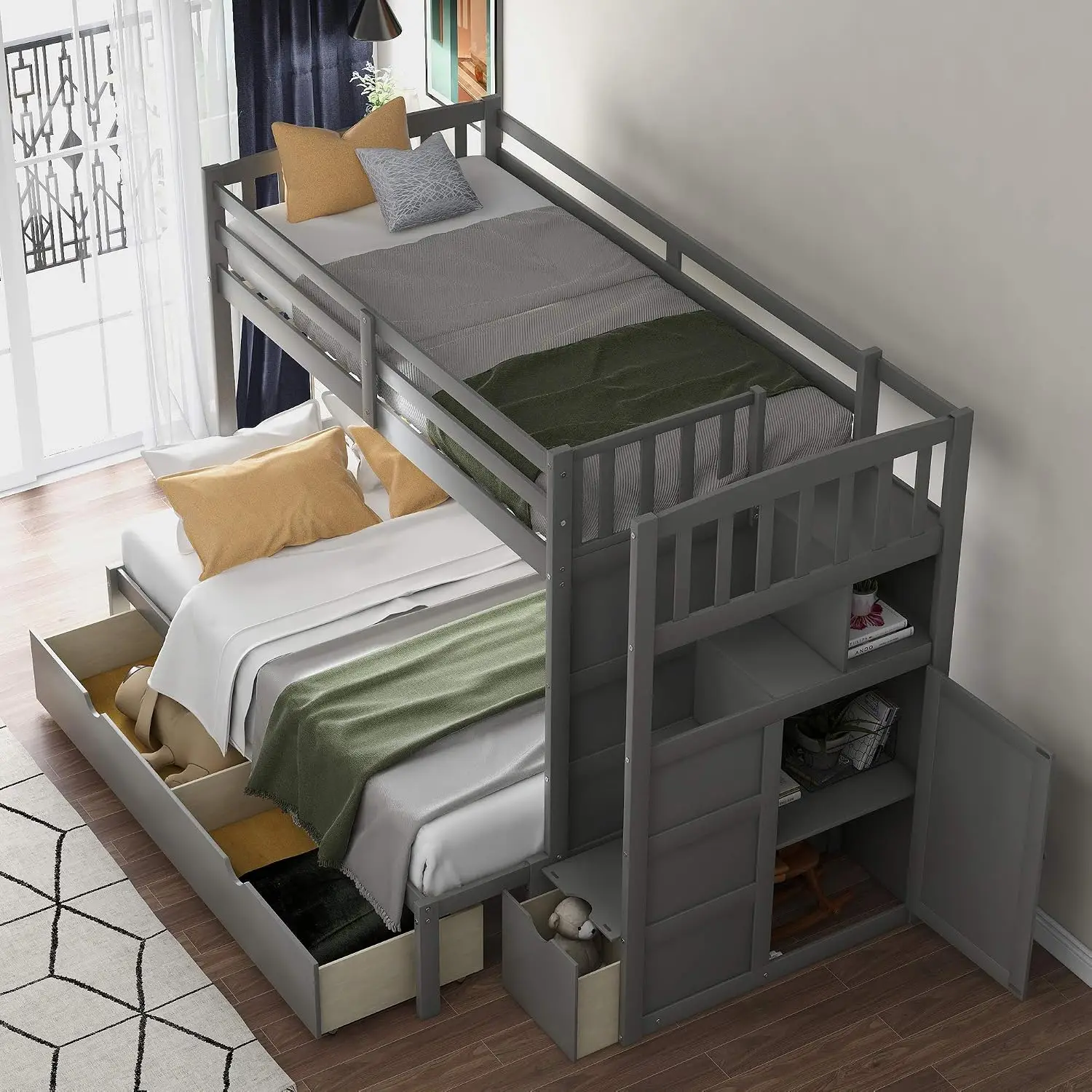 Twin Over Full Bunk Bed with Drawers & Storage, Convertible for Bedroom Dorm Kids Teens, No Box Spring, Customized
