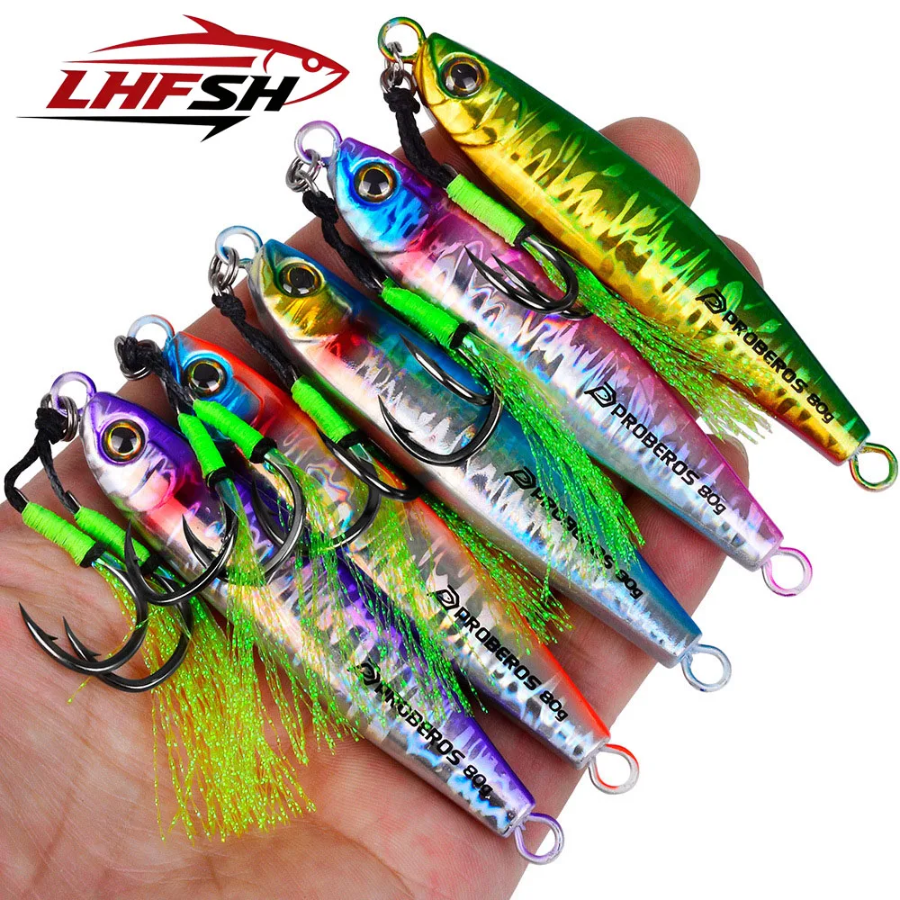 LHFSH 35g-80g Long Cast Metal Jig Lure Fast Sinking Lead Fish Bait with Double Assist Hooks Colorful Artificial Sea Fishing Bait