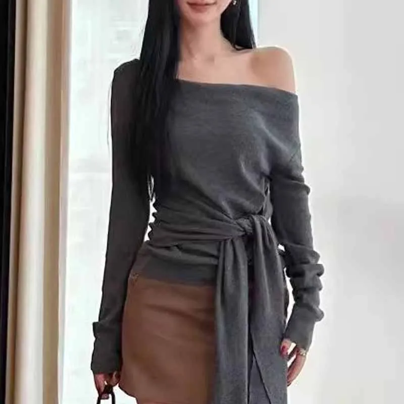 Slim Skew Collar Knitted Sweater Women Pullovers New Lace-up Long Sleeve Knit Sweater Pullover Women Tops Sueter Feminino Q7193