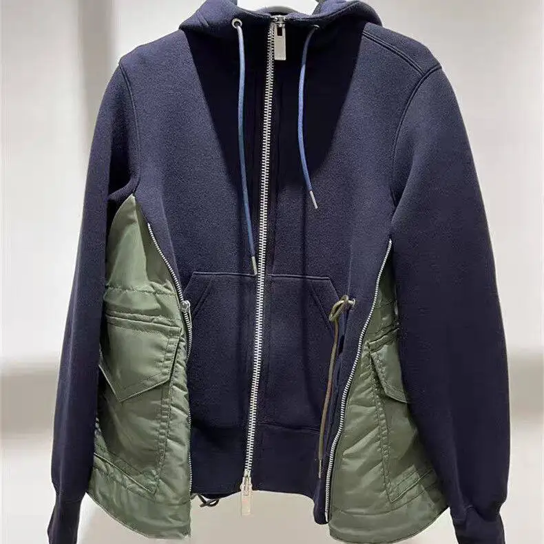 SAC stitching zipper thermal hooded drawstring loose sweater jacket