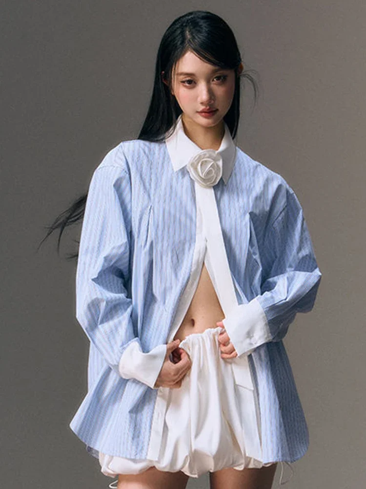 Zoki ثلاثية الأبعاد الأزهار مخطط قميص المرأة عادية أنيقة طويلة الأكمام الكورية بلوزة فضفاضة تصميم الأزياء المرقعة الإناث الحلو القمم جديد #3