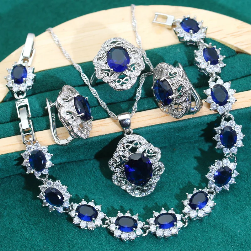 Luxurious Blue Green Zircon 925 Silver Jewelry Sets for Women Wedding Bracelet Earrings Necklace Pendant Ring Dating Gifts