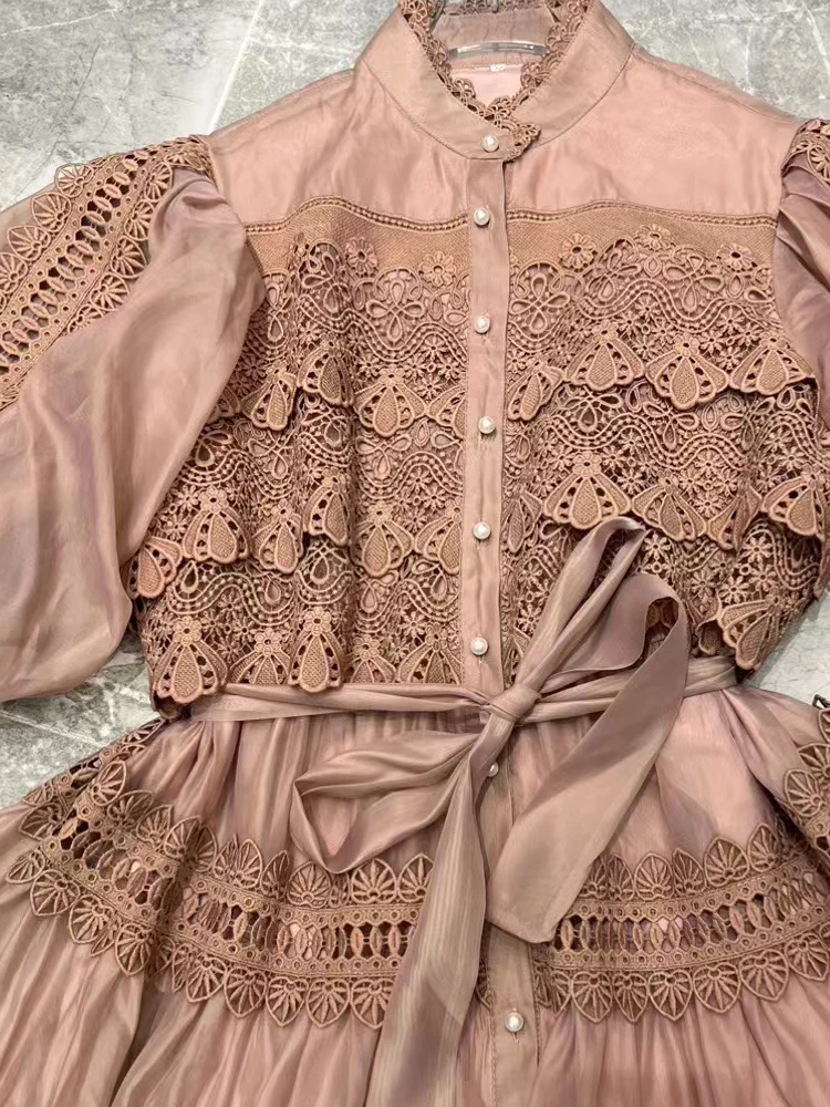 SEQINYY Elegant Mini Dress Summer Spring New Fashion Design Women Runway High Quality Lace Short Puff Sleeve Casual Loose Belt