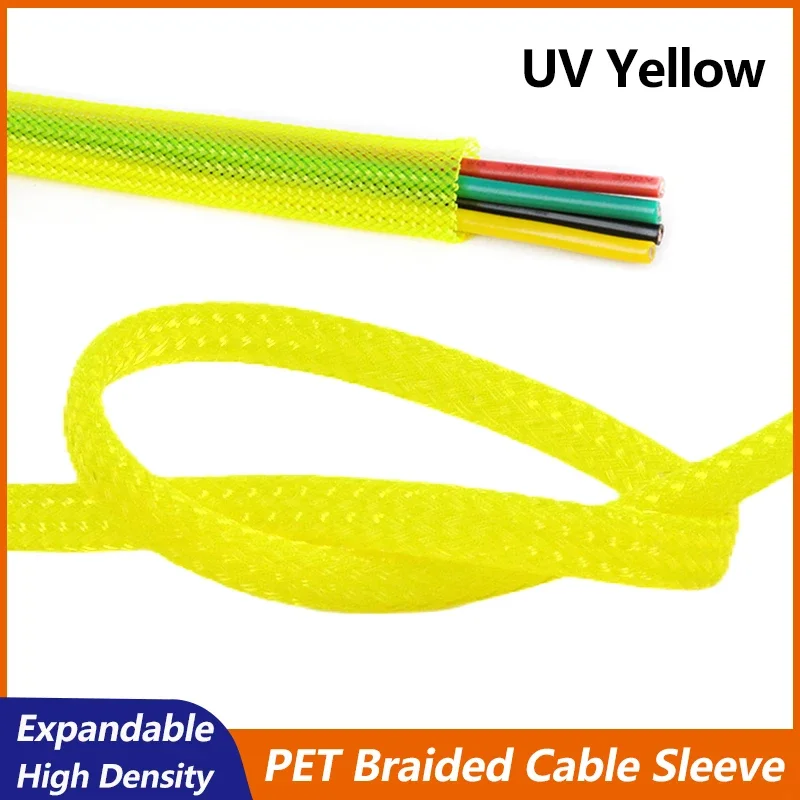 UV Geel PET Gevlochten Kabel Mouw 2/4/6/8/10/12/14/16/20/25/30mm Uitbreidbaar Hoge Dichtheid Geïsoleerde Draad Bescherming Wrap Schede