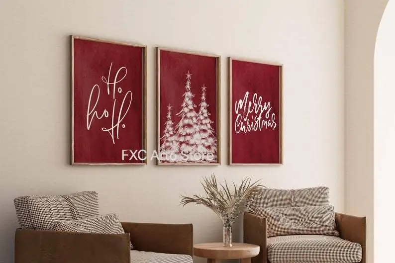 3PC frameless  Abstract Christmas Tree Ho Ho Ho Canvas Print Red Merry Christmas Wall Art Poster for Modern Living Room Home Dec