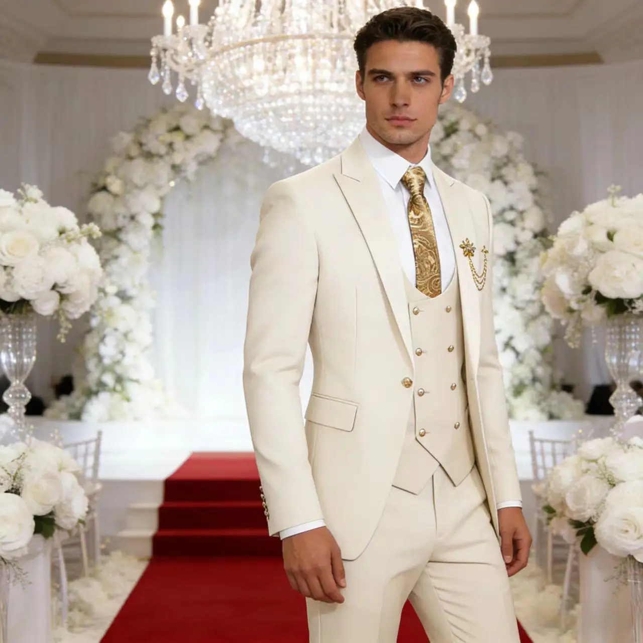 Men's 3-Piece Suit Set Classic One Gold Button Slim Fit Blazer Vest Pants Formal Business Wedding Wear - Image 3