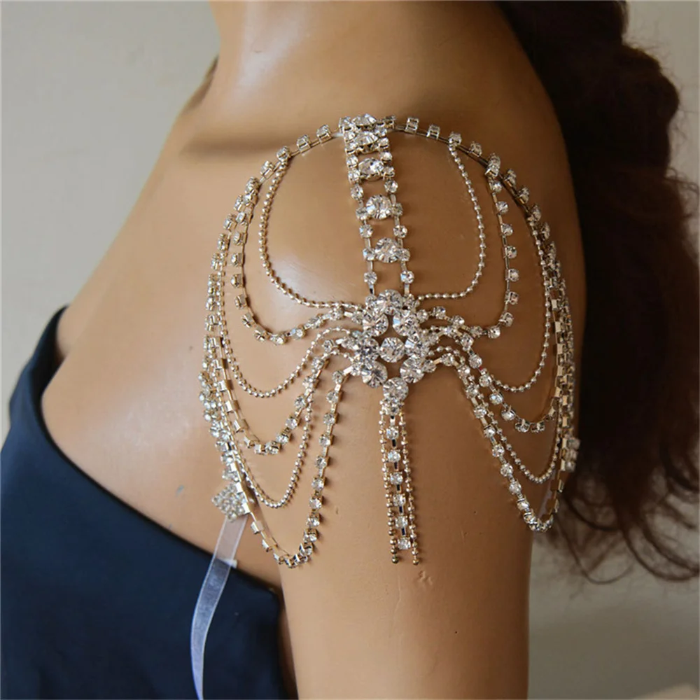 Noble Elegant Multi layered Rhinestone Long Tassel Single Shoulder Chain Bridal Wedding Sparkling Crystal Body Chain Shawl